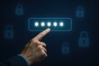 © Gibster - Secure password entry is depicted with hand pressing glowing password field surrounded by lock icons, symbolizing digital security and protection