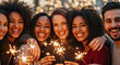© Arra Vais - New year hugs friends celebrating with sparklers, smiling with joy. New year hugs convey cheerful, friendship and togetherness.