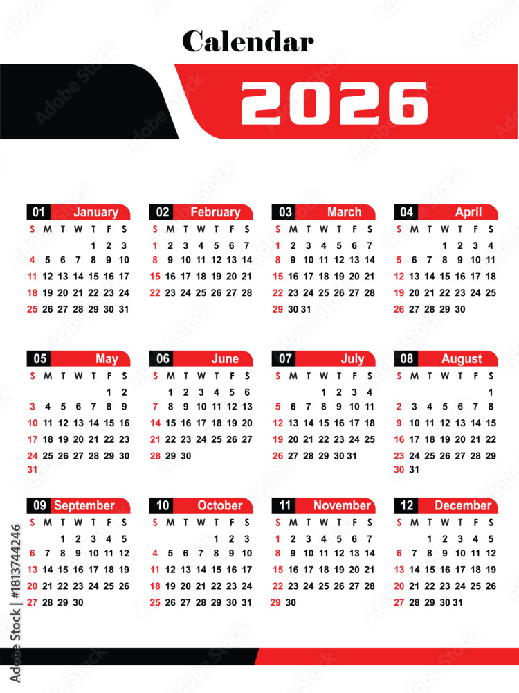 Vector De Stock 2026 Calendar Template With Monthly View Calendar vector-de-stock-2026-calendar-template-with-monthly-view-calendar