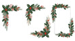 © Sikder - Set of four beautiful christmas corner border elements made of holly leaf, pine branch, and red berry decoration, isolated on transparent background