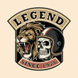 © Ahmed - Vintage biker legend graphic showcasing skull with helmet and roaring lion, perfect for edgy apparel designs or motorcycle club branding with a retro feel