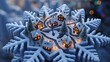 © Inayat - A tiny Christmas village carved inside a giant snowflake viewed under a microscope showing miniature houses glowing softly in a surreal macro perspective with intricate icy patterns surrounding them