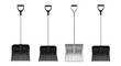 © Vladislav - An assortment of four snow shovels, including three black plastic and one silver metal model, standing in an organized row to showcase essential winter cleanup equipment