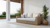 Minimalist wicker sofa on a patio overlooking the ocean