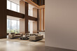 © ImageFlow - Modern lobby interior with blank wall for poster mockup in spacious clean layout with natural light and city view through large windows. 3D Rendering