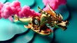 © PixelMastery  - Steampunk clockwork dragon airship sculpture with pink smoke