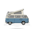 © Suroart - Blue and white camper van with pop-up roof on a white background.