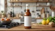 © Fadila - Artisan sauce bottle with blank label ready for branding in a bright, modern kitchen setting evokes feelings of deliciousness and healthy eating