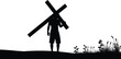 © SREECHNA - Vector silhouette of Jesus Christ carrying the heavy cross on his shoulder, religious black illustration representing passion, isolated on white background with grass.