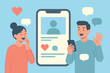 © Ricx - Illustration of a couple happily interacting with a smartphone displaying social media profile and chat bubbles
