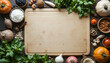 © Tasadaq - “Rustic kitchen ingredients arranged around blank chopping board in center.”