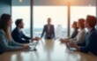 © wang - Office blur meeting room blurred background of blurry boardroom presentation with work desk for business discussion, corporate conference, enterprise seminar.Suitable for corporate and business theme