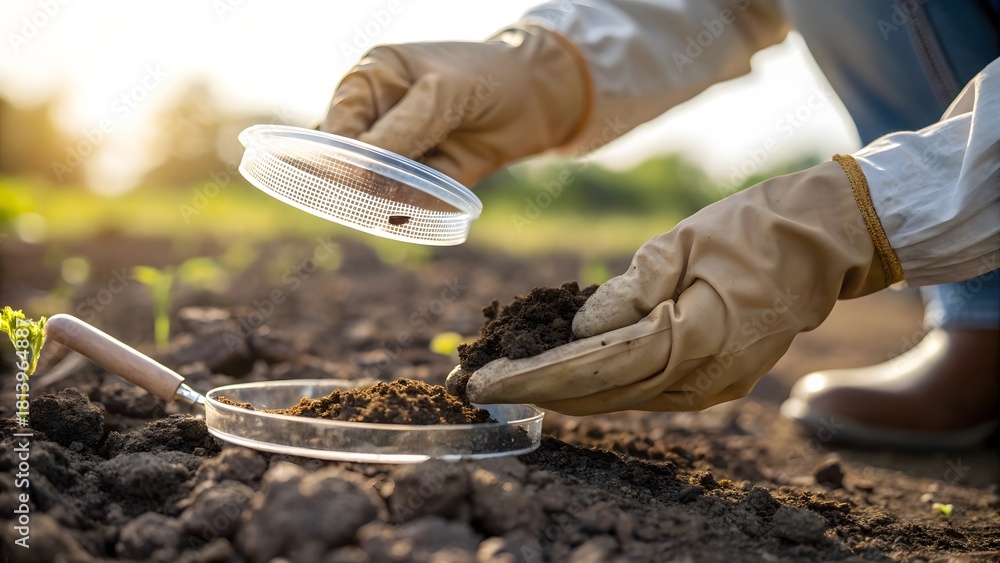 Scientist examining soil sample for pests in sunlight, ensuring healthy ...