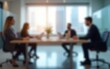 © fu - Blurred office interior space background with people working and meeting on table. Business concept. High quality