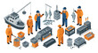 © Ophelia - Isometric fishing industry workers and equipment scene with boat and fish processing