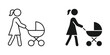 © Masuda Akthar - Mother with baby stroller icon set in outline and silhouette style, representing parenting and childcare, vector illustration.