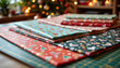 © Kanin - Christmas wrapping factory table displays colorful festive paper with holiday patterns, ready for packaging gifts in cheerful seasonal atmosphere with tree and lights in background