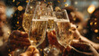 © vetre - Celebratory Toast. Champagne glasses clinking amidst golden confetti, creating a festive atmosphere.