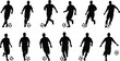 © Creatives Mind - Soccer players silhouettes set, vector illustration of male football athletes kicking or dribbling ball, various poses and actions, dynamic sport graphic element collection, full body.