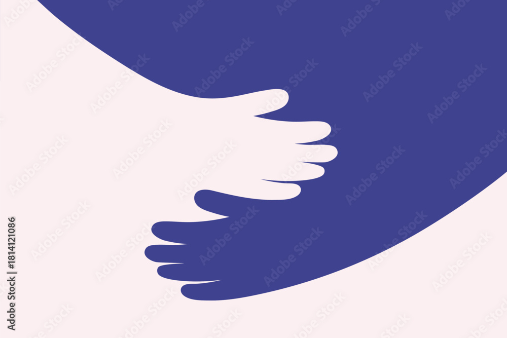 Abstract illustration of hands hugging, embodying care, protection, and togetherness. Suitable for charity events and supportive community services
