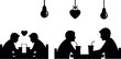 © GMZ - Silhouette couple drinking together in romantic cafe with hanging light bulbs and heart decoration vector illustration