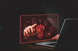 © khunkornStudio - Artificial intelligence threat warning sign man using computer red glowing robot symbol digital brain cybercrime data breach smart automation system future technology machine learning.