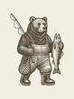 © Victoria - Bear fisherman with trout vintage engraving vector illustration
