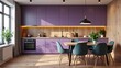 © IgorImageDoc - modern kitchen wooden floor purple cabinets kitchen has large window side allowing natural light enter space right side wooden wall large pendant light hanging above dining table table wood has six