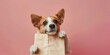 © Loktor - Perrito pequeño con mockup bolsa de papel sobre fondo rosa, promoción tienda de mascota, perro feliz con bolsa de papel con espacio para copy
