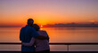 © PixelDust_ - Romantic senior couple embracing on a cruise ship deck, enjoying the beautiful and peaceful sunset over the ocean