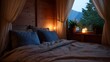 © Thares2020 - A cozy bedroom interior with a comfortable bed and warm lighting featuring a window view at twilight