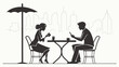 © Shahbaz - Silhouette of a couple at a cafe table with city skyline and umbrella in the background scene view