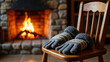 © AnastasiaStark - Cozy wool gloves on wooden chair beside glowing fireplace with warm indoor winter light
