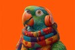 © MarsPacific - A colorful parrot wearing orange headphones and a multicolored scarf against a bright orange background.