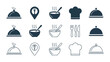 © MostIsratJahan - Food and restaurant icons set, including cloche, chef hat, hot soup bowl, and cutlery, for dining and kitchen services, isolated on