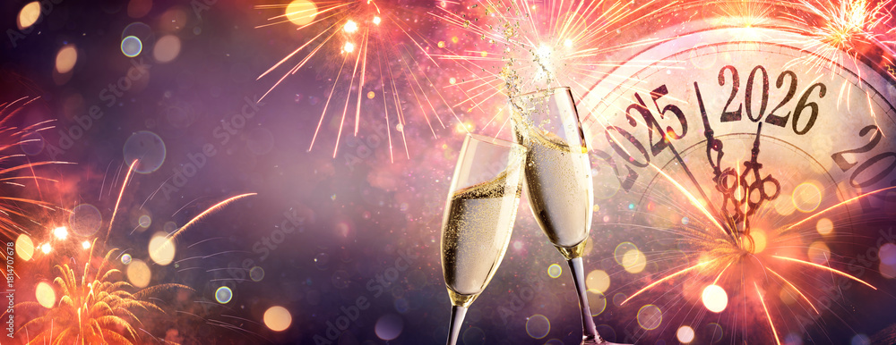 2026 New Year Celebration - Champagne And Clock For Countdown - Toast ...