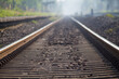 ©  Rima - Morning view of a train moving along railway tracks, captured with soft mist and natural light at a quiet rural station.