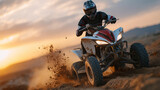 Close-up of quad bike wheels digging into desert sand at sunset, rider leaning forward in full gear, dust particles flying, highlighting offroad thrill and active lifestyle