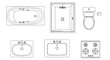 © Hesh - Top view bathroom and kitchen CAD blocks. Vector plan symbols: bathtub, shower, toilet, sink, and stovetop.