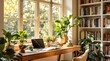 © MstSamima - Bright workplace with plants and bookshelves filled with books