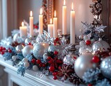 Bożonarodzeniowa aranżacja w srebrnym kolorze , ze świecami , szyszkami i bombkami oraz gałązkami świerku oraz czerwonymi akcentami