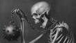 © Tanvir - Human skeleton holding a spiked ball and chain style mace with an interesting head pose for the skeleton, baroque style realism painting, black and white.