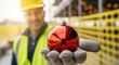 © Nina - Adult male construction worker in yellow hard hat and safety vest holding a shiny red Christmas bauble at a job site.