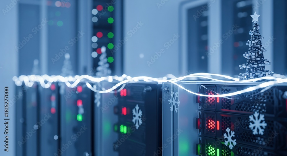 Christmas-Themed Data Center with Holiday Lights and Snowflakes on ...