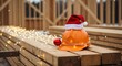 © Nina - Holiday cheer at a building site: safety hard hat adorned with Santa hat, festive lights, and ornament.