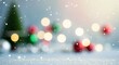 © MT - Magical winter holiday background with sparkling snow, blurred Christmas tree, colorful ornaments, and warm bokeh lights.