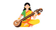 © coba - Woman in traditional Indian attire sits cross-legged playing a Veena, a stringed instrument, against a white background.