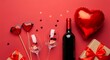 © Jonathan Gasley - Red heart shaped sunglasses and balloon wine bottle empty wine glasses with heart confetti and gift boxes on a vibrant red background Valentines Day love romance celebration couple date holiday