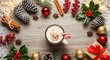 © Nina - Cozy Christmas Hot Chocolate Mug with Festive Holiday Decorations, Pinecones, Holly, and Gift on a Snowy Wooden Background