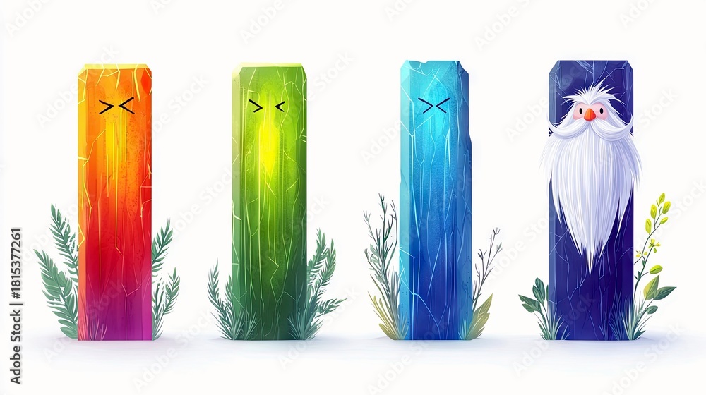 Four stylized characters representing elements of fire, nature, water ...